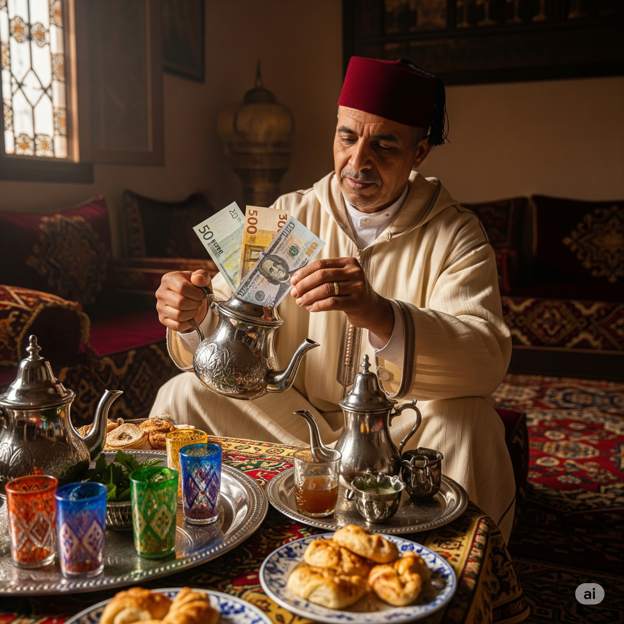 Moroccan man in traditional djellaba serving tea with euro and dollar bills emerging from the teapot, symbolizing currency exchange.